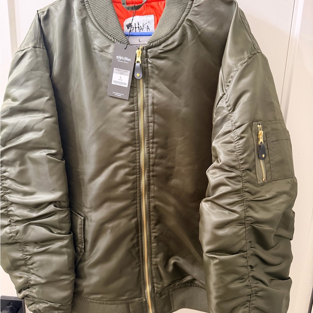 NWT Shaka Wear Brixton Olive Green Bomber Jacket with Orange Lining